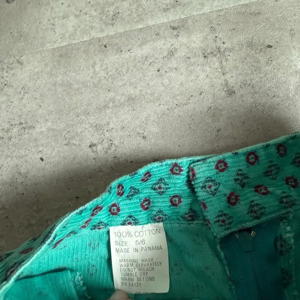 Vintage long, turquoise, geometric-patterned corduroy maxi skirt size 5/6